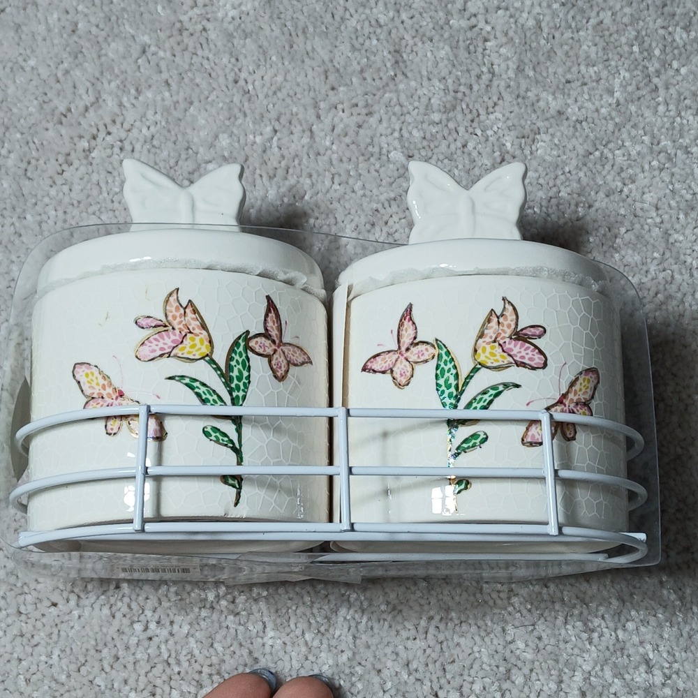 Seeds and Sunshine Set of 2 Small Container Butterfly Top Metal Holder NWT